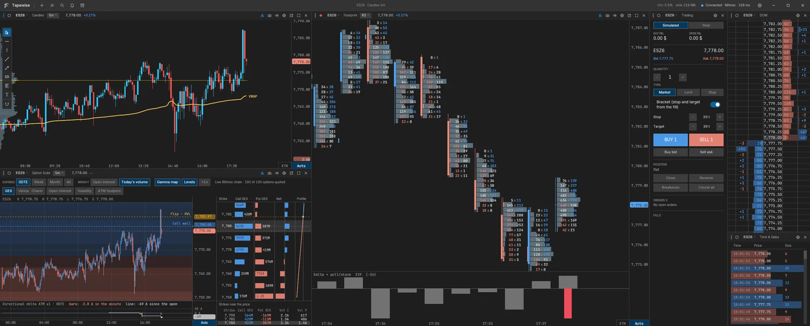 Tapewise: candele, pannello ordini, footprint, heatmap e Time & Sales